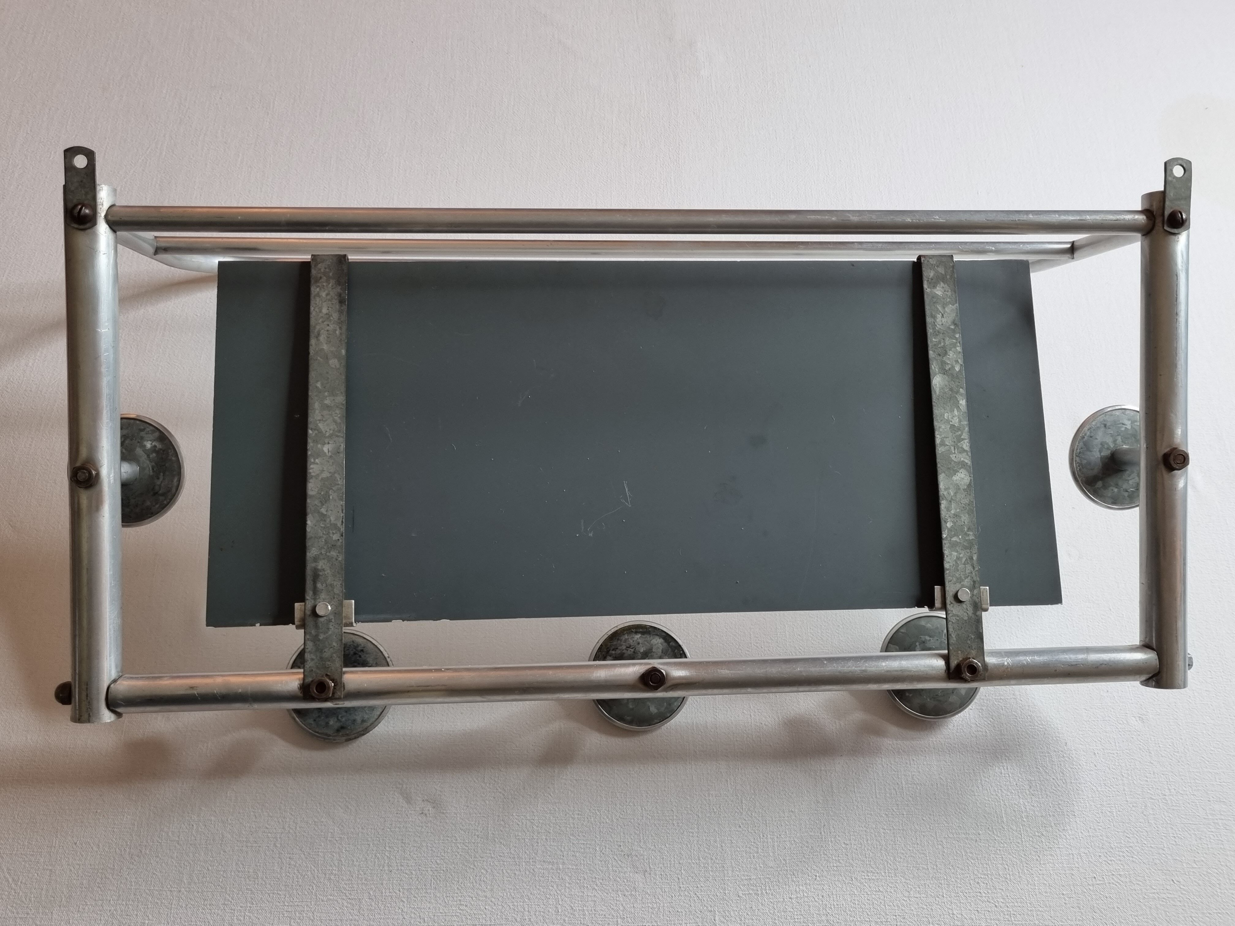 Aluminum wall coat rack with mirror, 5 hooks and a hat holder, 50s