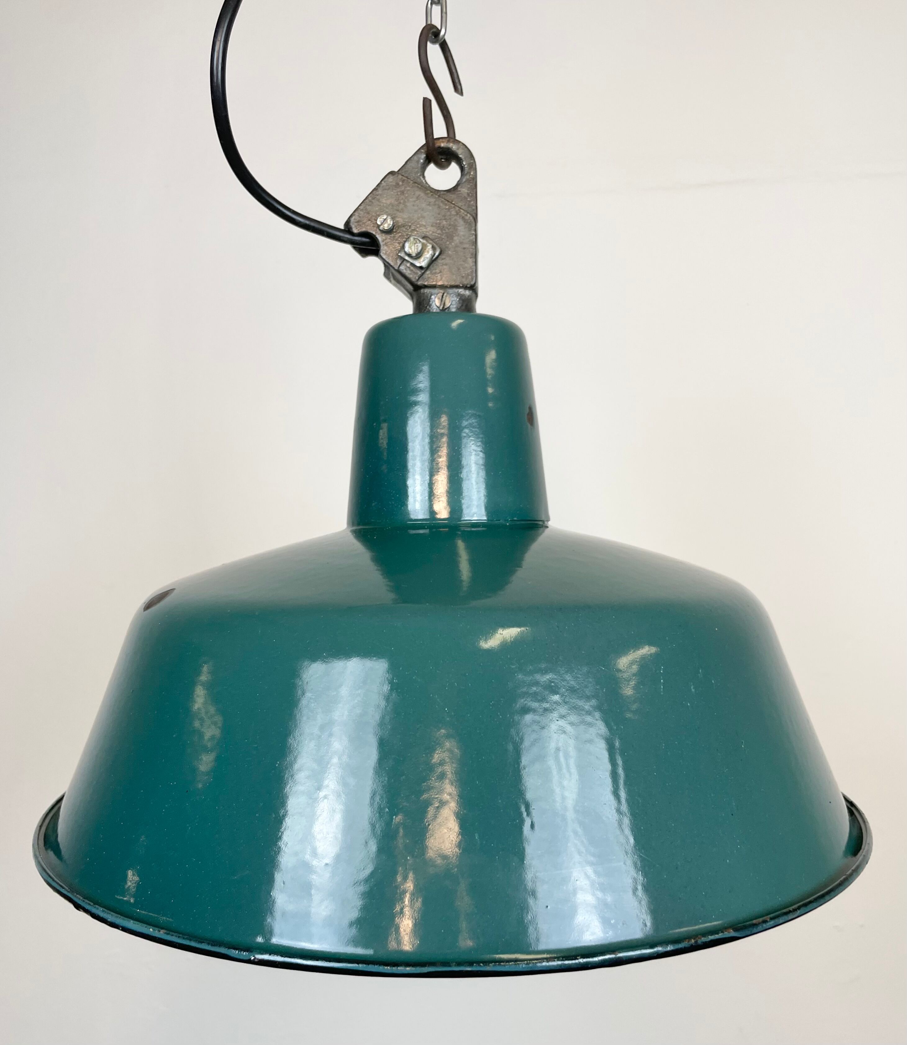 Industrial Green Enamel Factory Lamp with Cast Iron Top, 1960s