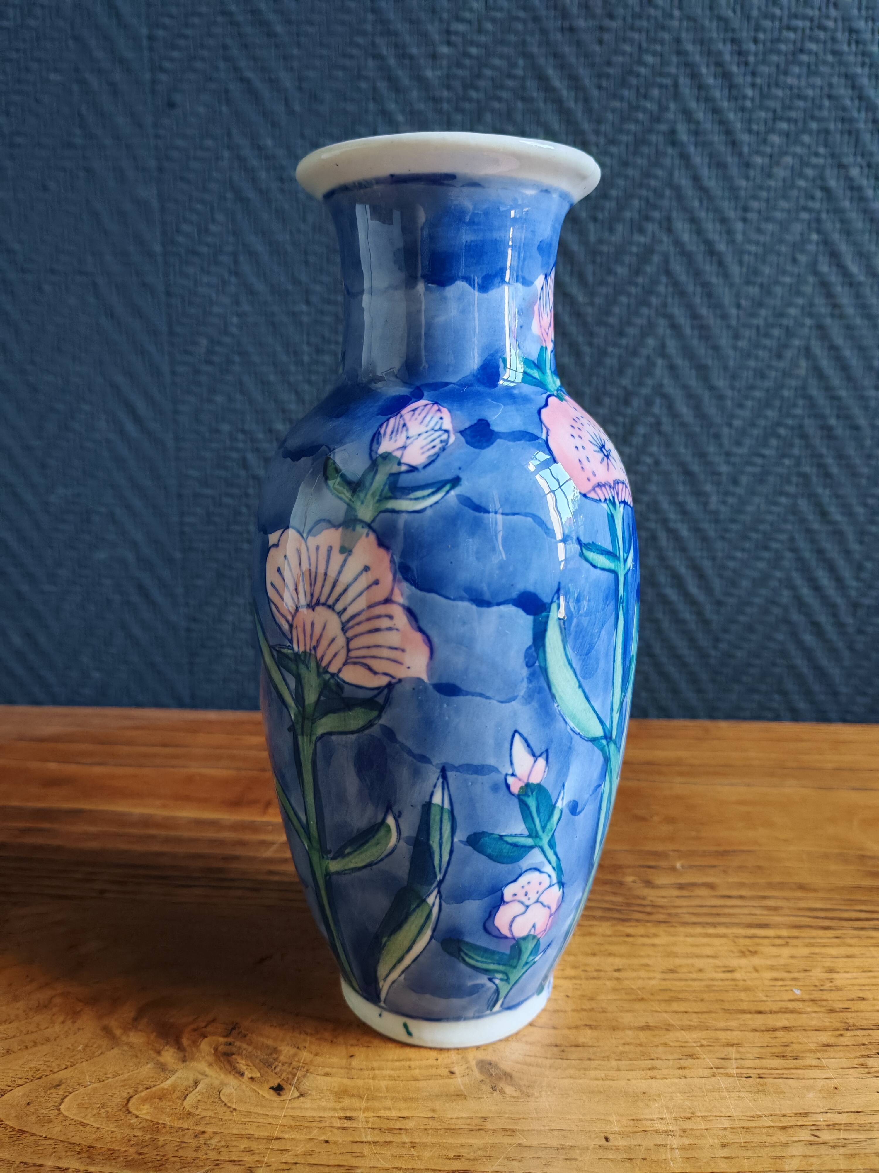 Vintage Blue Ceramic Vase with Pink Floral Decoration, Shabby Chic Style