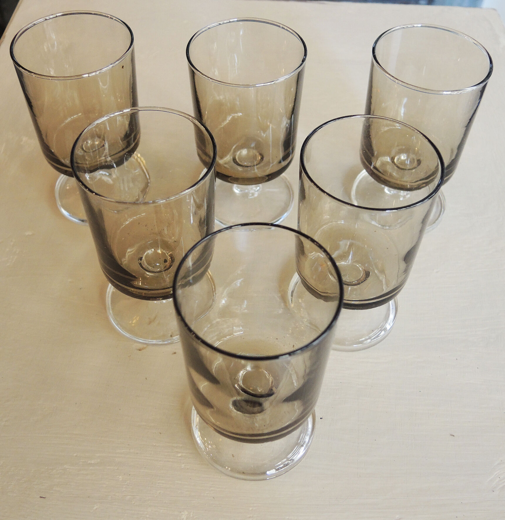 6 Old Luminarc Smoked Foot Glasses H11.5 cm