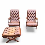 Pair of leather Chesterfields and footstools