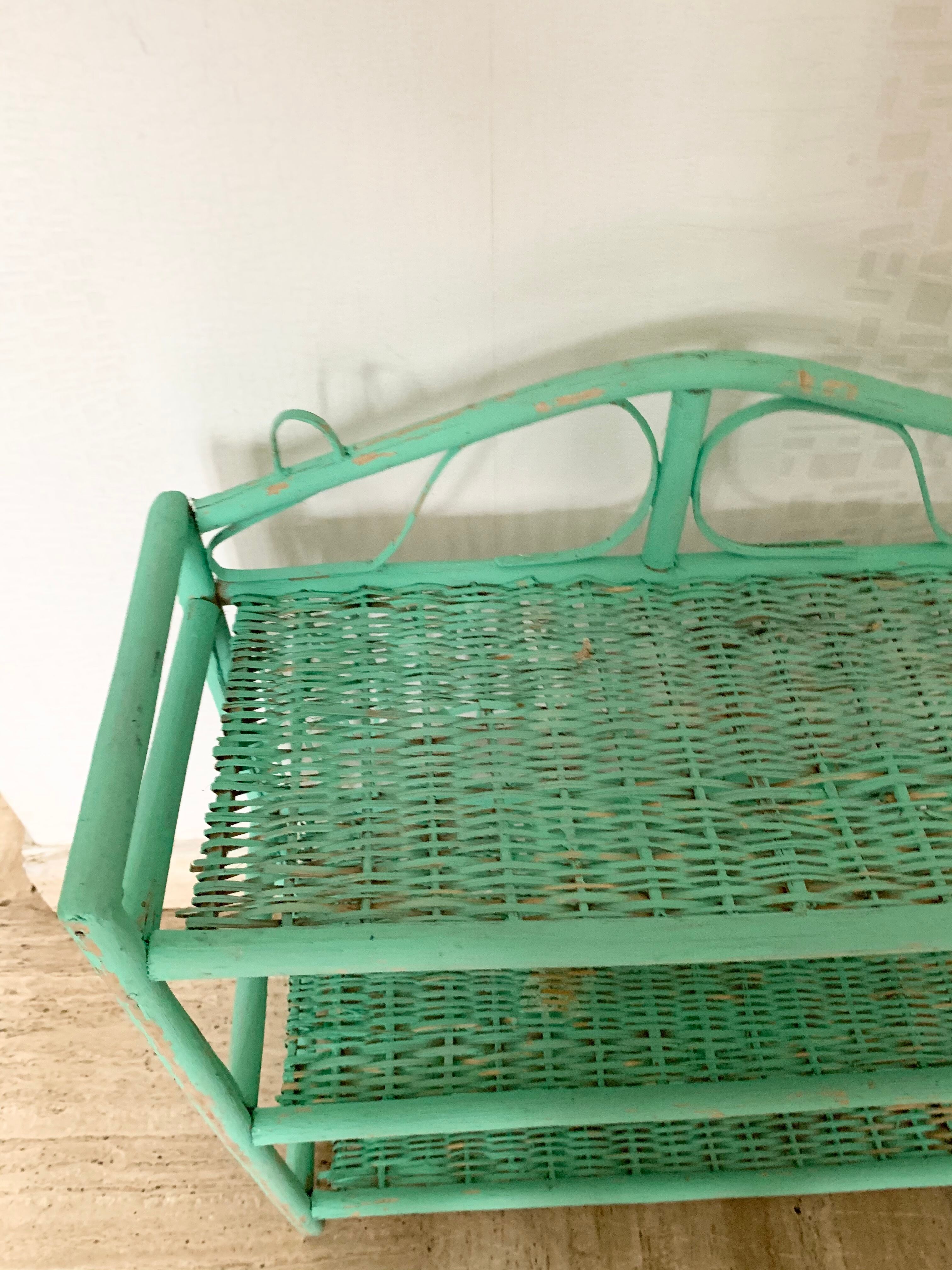 Green painted vintage rattan shelf