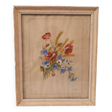 Tableau ancien, gouache sur papier, composition florale avec bleuets, coquelicots, blé et camomille