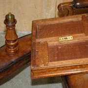 High Victorian leather tête-à-tête canapé with a walnut burr chessboard.