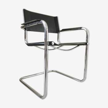 Design armchair in black leather and chrome metal 1970