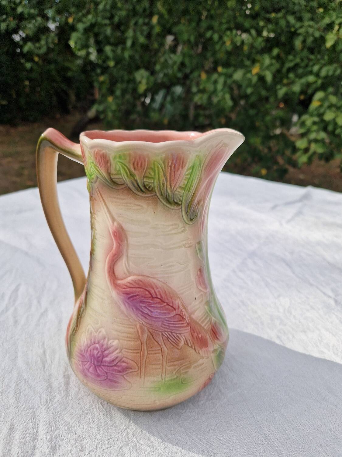 Antique Barbotine Pitcher from the Saint Clément Factory, Heron Decor