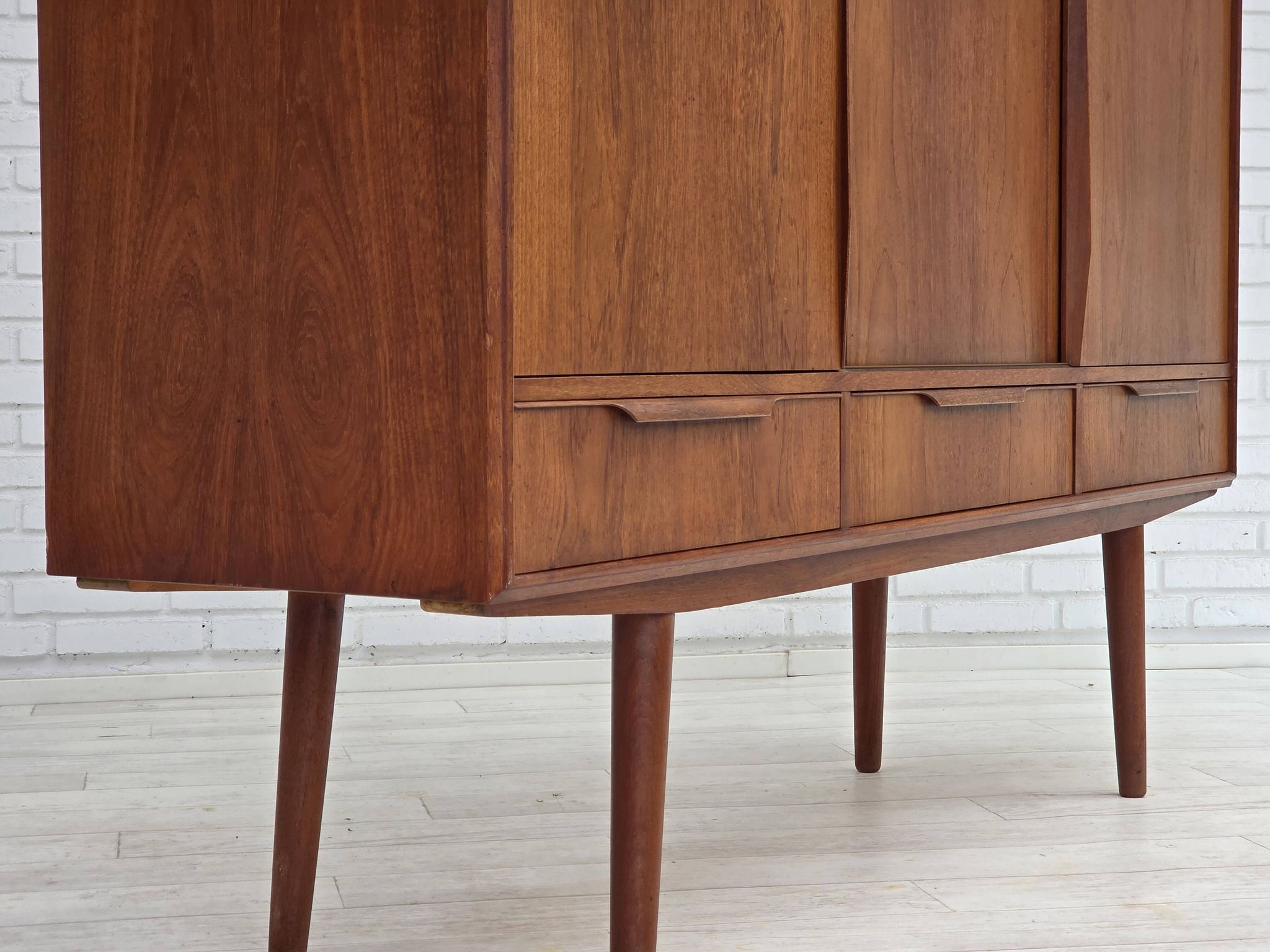 1960s, Danish chest of drawers, teak wood, mirror inside, sliding doors.