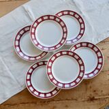 6 flat plates Badonviller ironstone with red geometric decoration