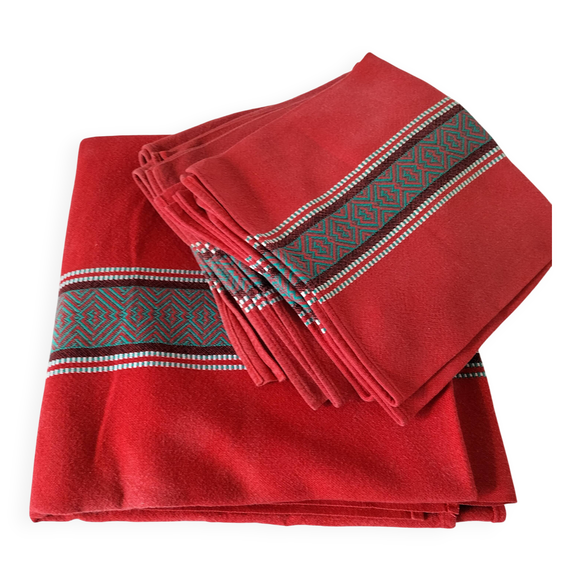 Vintage Basque set: square tablecloth & 7 napkins, 1960s