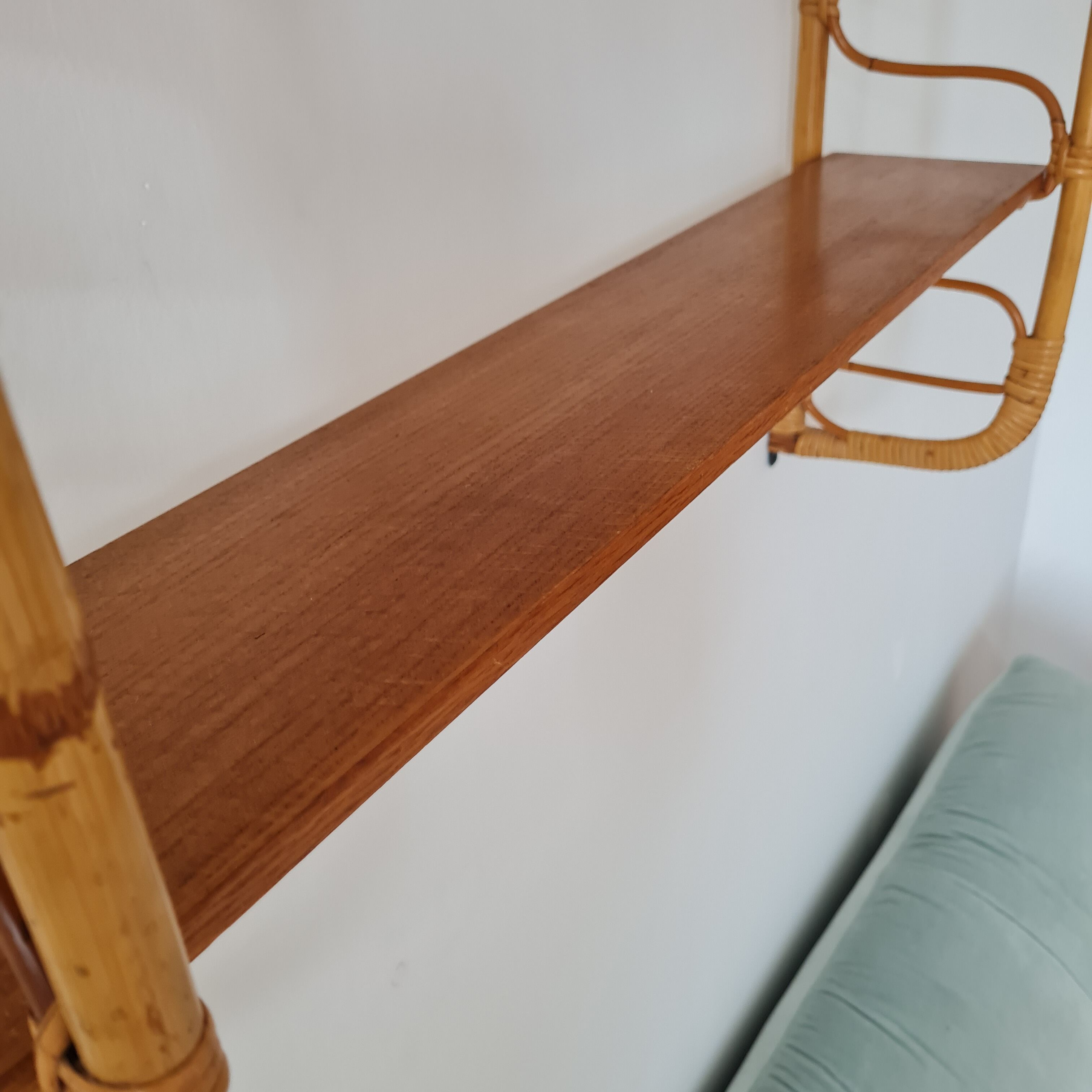 Wall shelf double modular rattan & vintage wood 50s