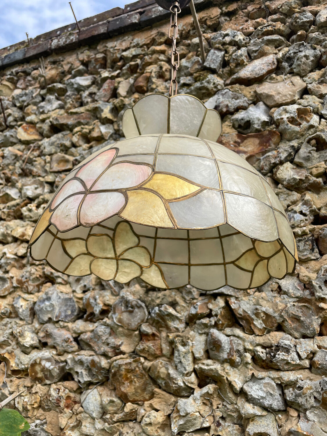 Vintage mother-of-pearl and brass pendant light 1970