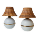 Pair of vintage table lamps – white metal with rattan shades, gold details, Italy 1980s