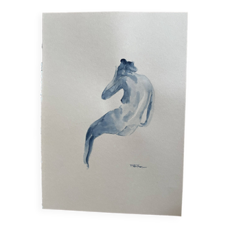 Tableau Aquarelle signé portrait de femme « blue time pensif »