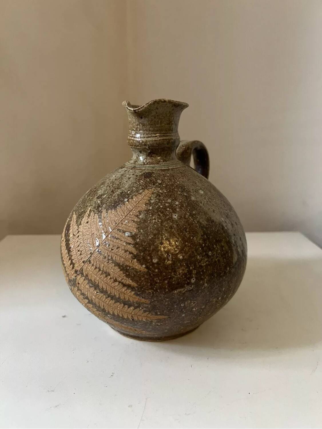 Vintage stoneware pitcher/jug by Alain Blanchard, decorated with leaves and ferns