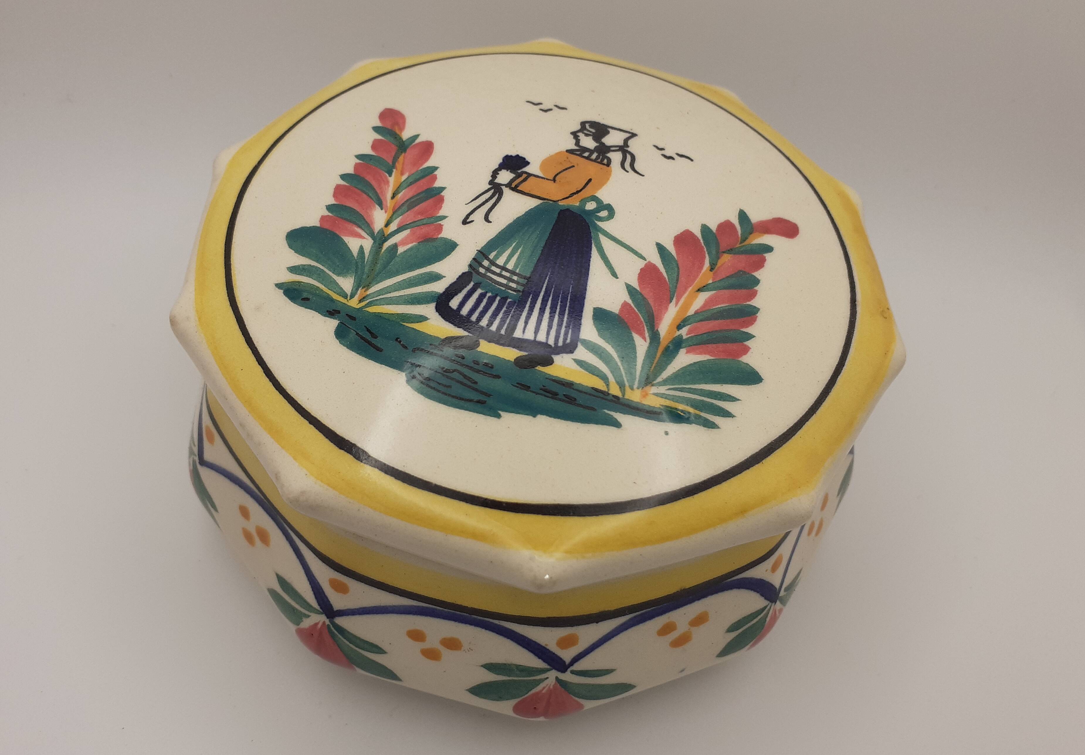 HB Quimper / Ceramic candy box / Hand-painted Breton character