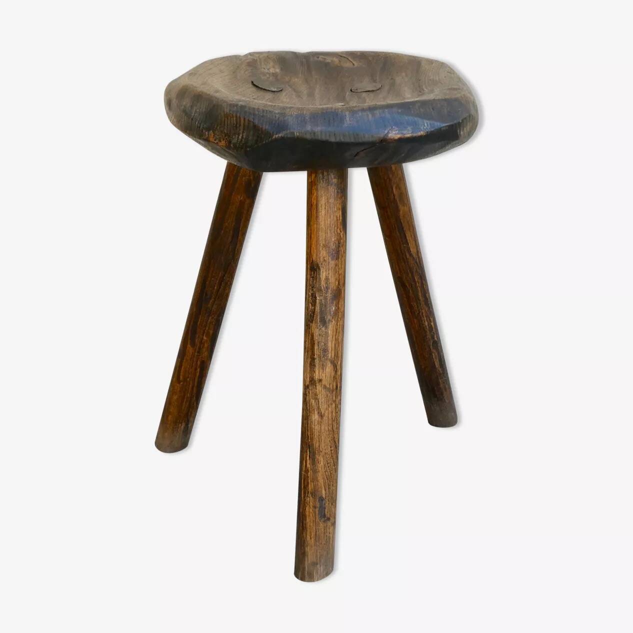 Tripod stool made of carved solid wood, handcrafted, around 1950.