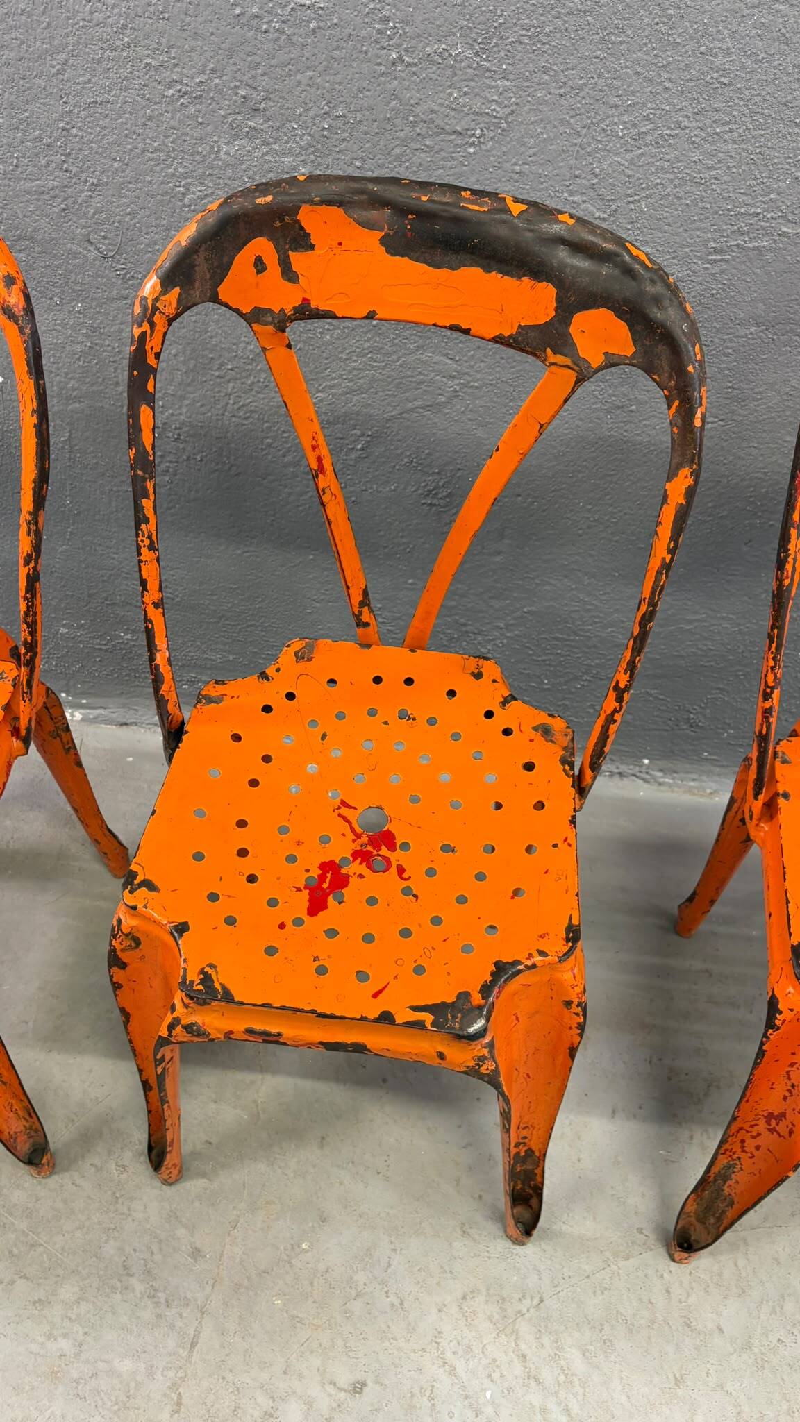 Set of four industrial metal dining chairs by Joseph Mathieu, painted steel, 1920s, France