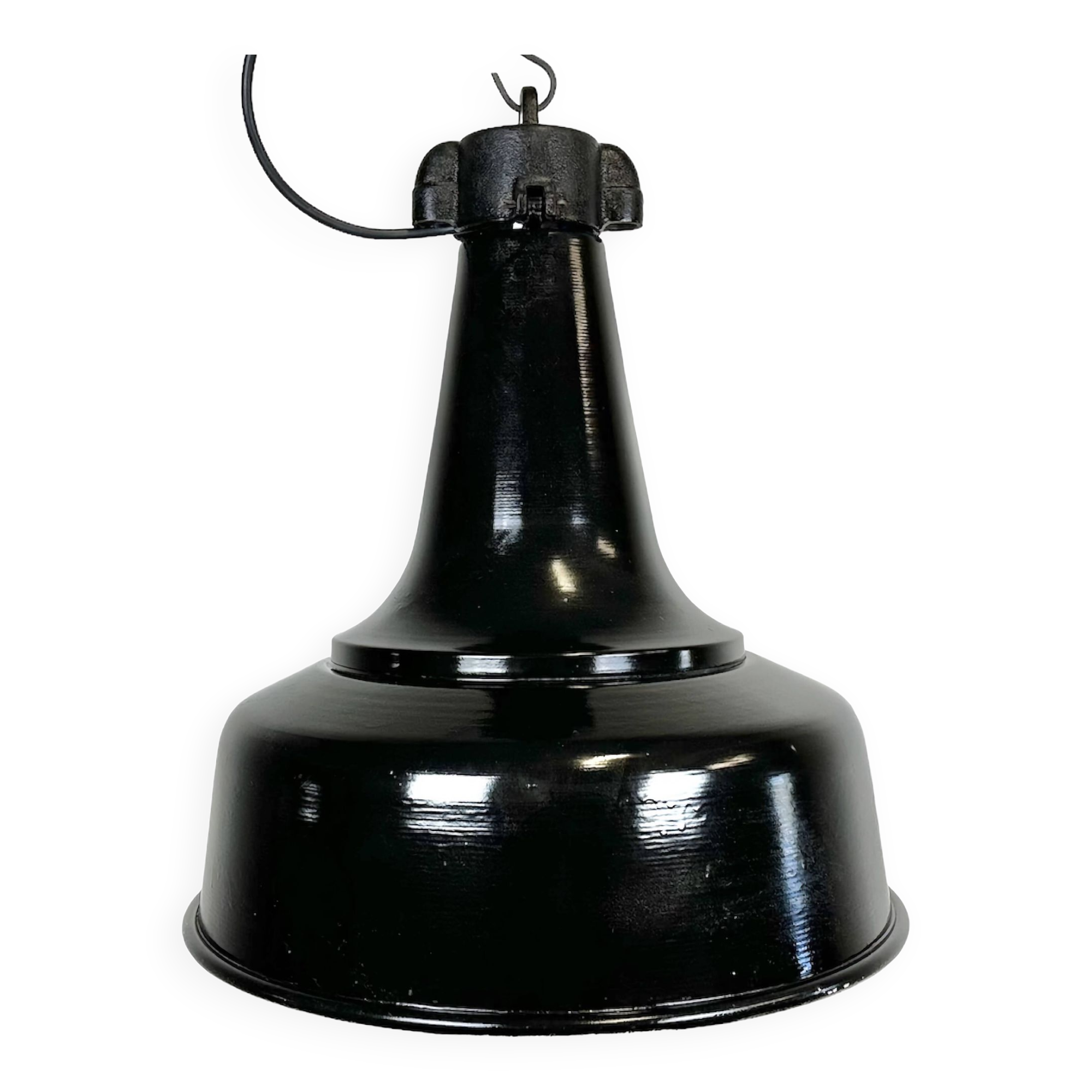 Industrial black pendant factory lamp with cast iron top, 1970s