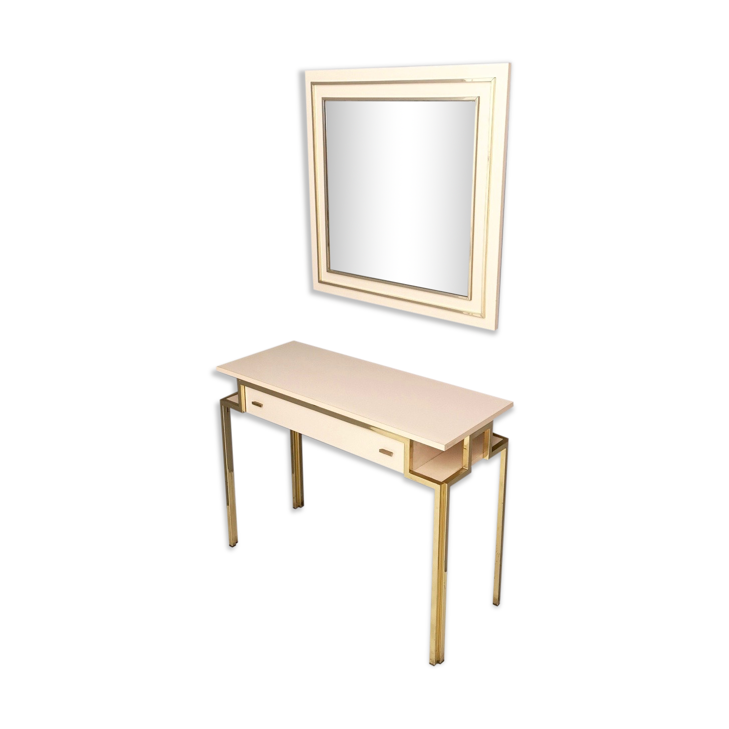 Postmodern pale pink formica and brass console with wall mirror, italy