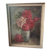 Tableau ancien Bouquet de roses ancien peinture à Huile , vers 1900 po