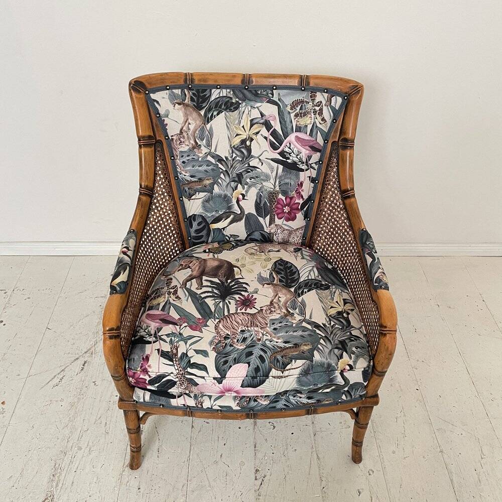 Mid-Century French Armchair in Bamboo Style with Animal Print Fabric, 1980