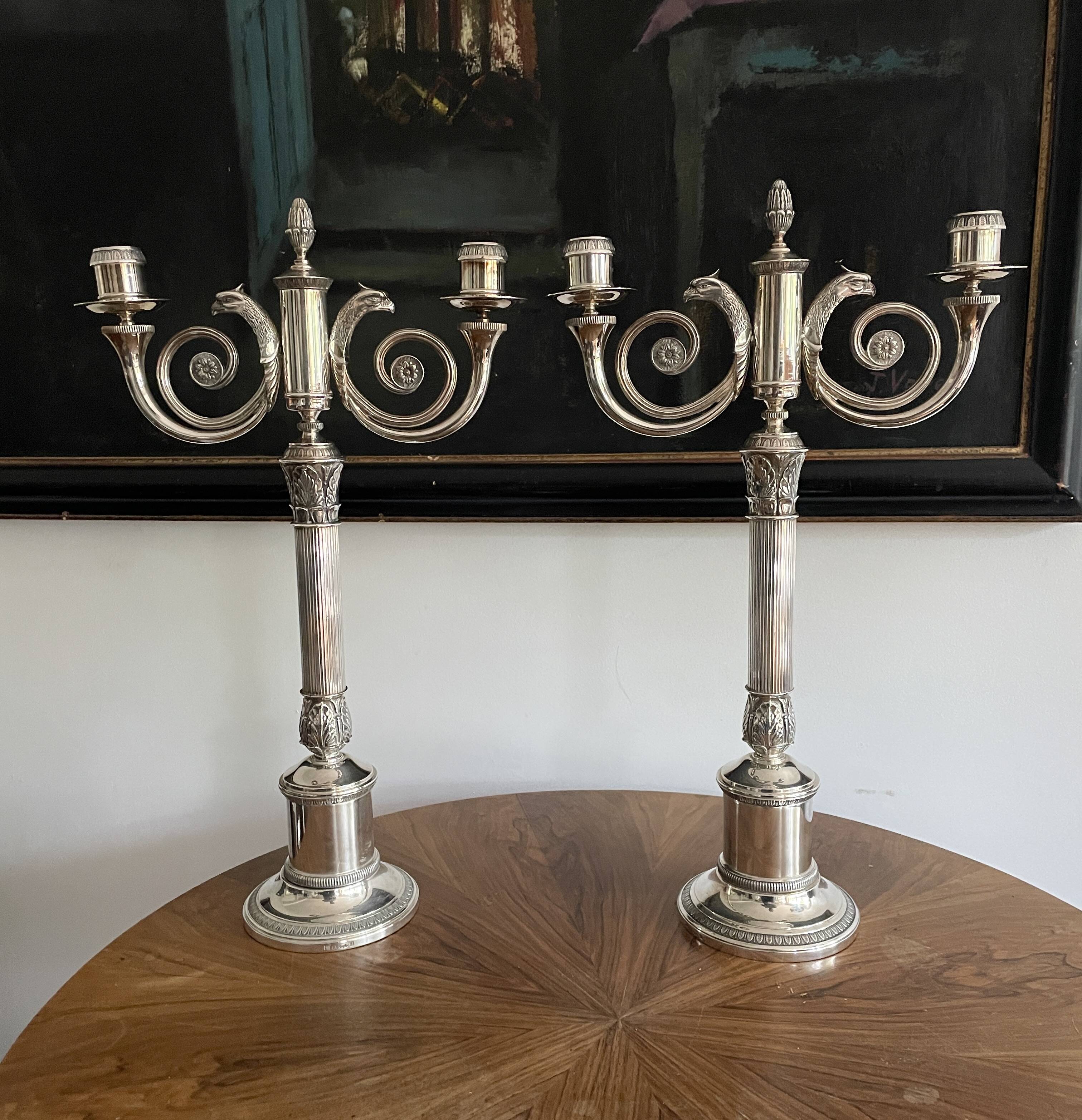 Christofle. Pair of candlesticks, Candelabras, Candlesticks in silver metal. Malmaison model. (New)
