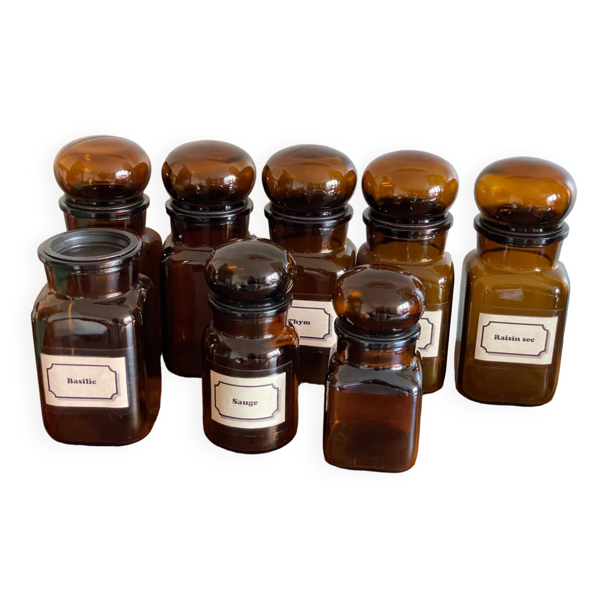 Set of 7 jars, spice apothecary jars