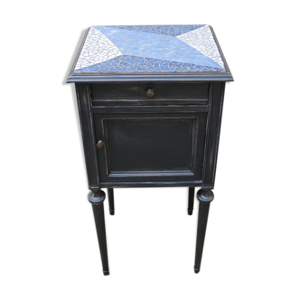 Renovated vintage bedside table with mosaic tray