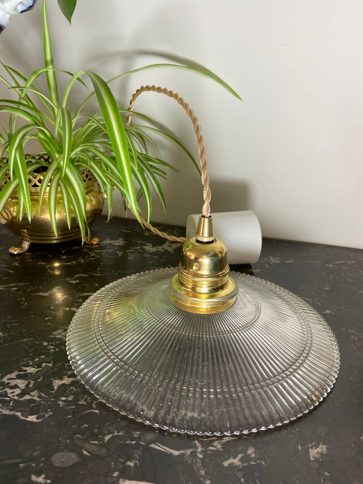 Vintage holophanous glass pendant lamp