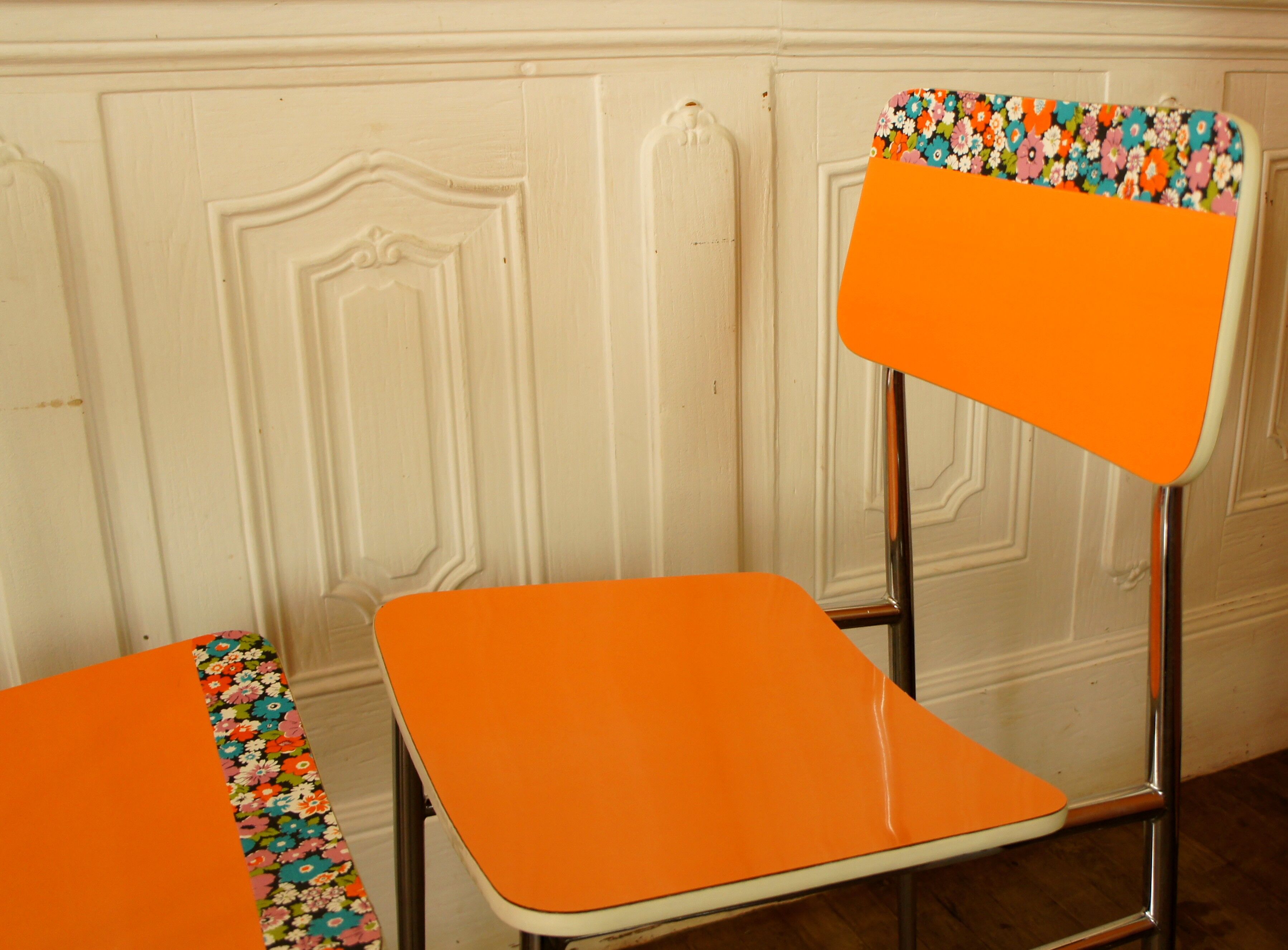 Pair of orange Formica "Tublac" chairs