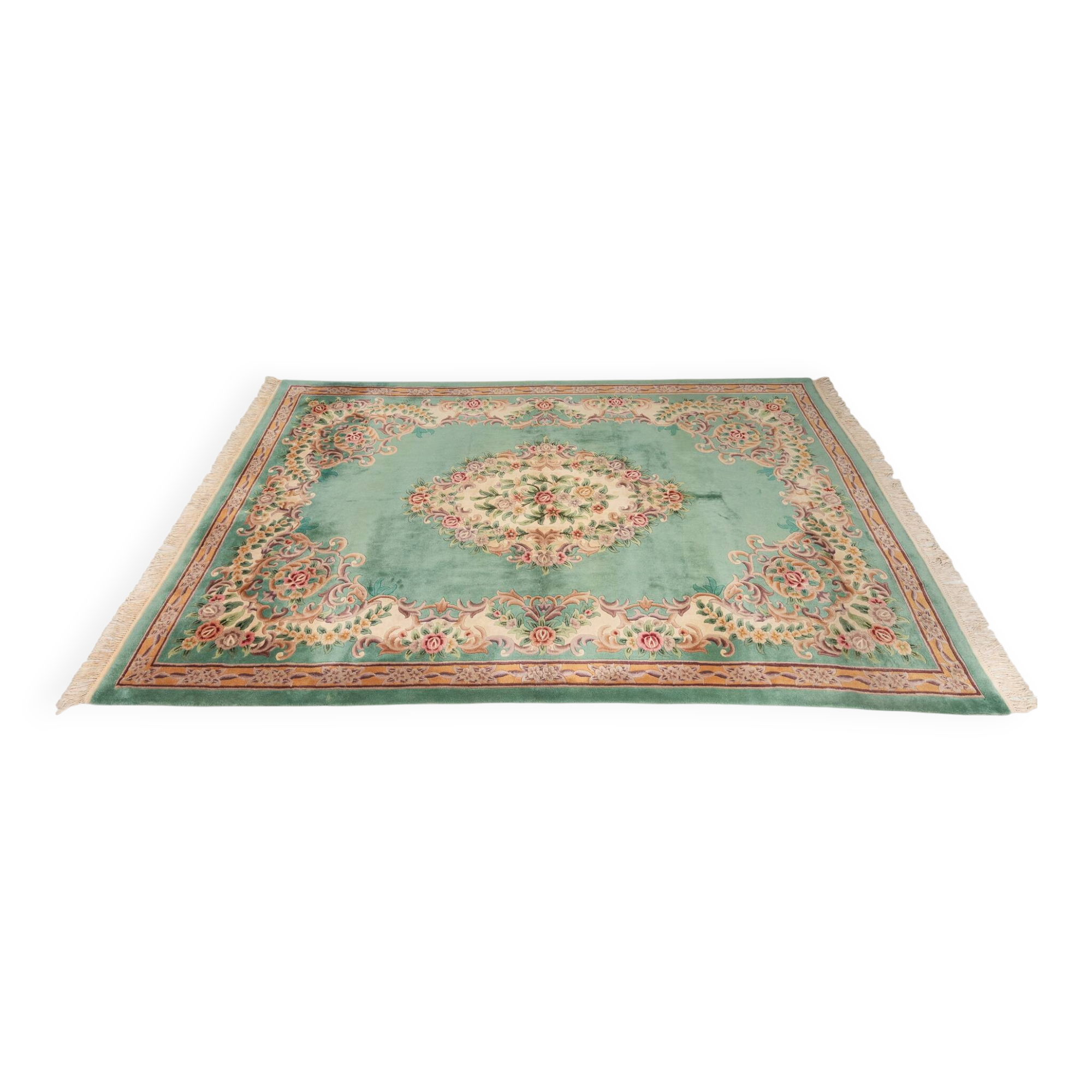 French Green Wool and Floral Rug in the style of Aubusson, 20th Century