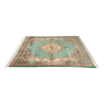 French Green Wool and Floral Rug in the style of Aubusson, 20th Century