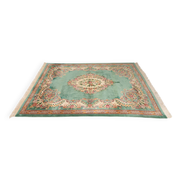 French Green Wool and Floral Rug in the style of Aubusson, 20th Century