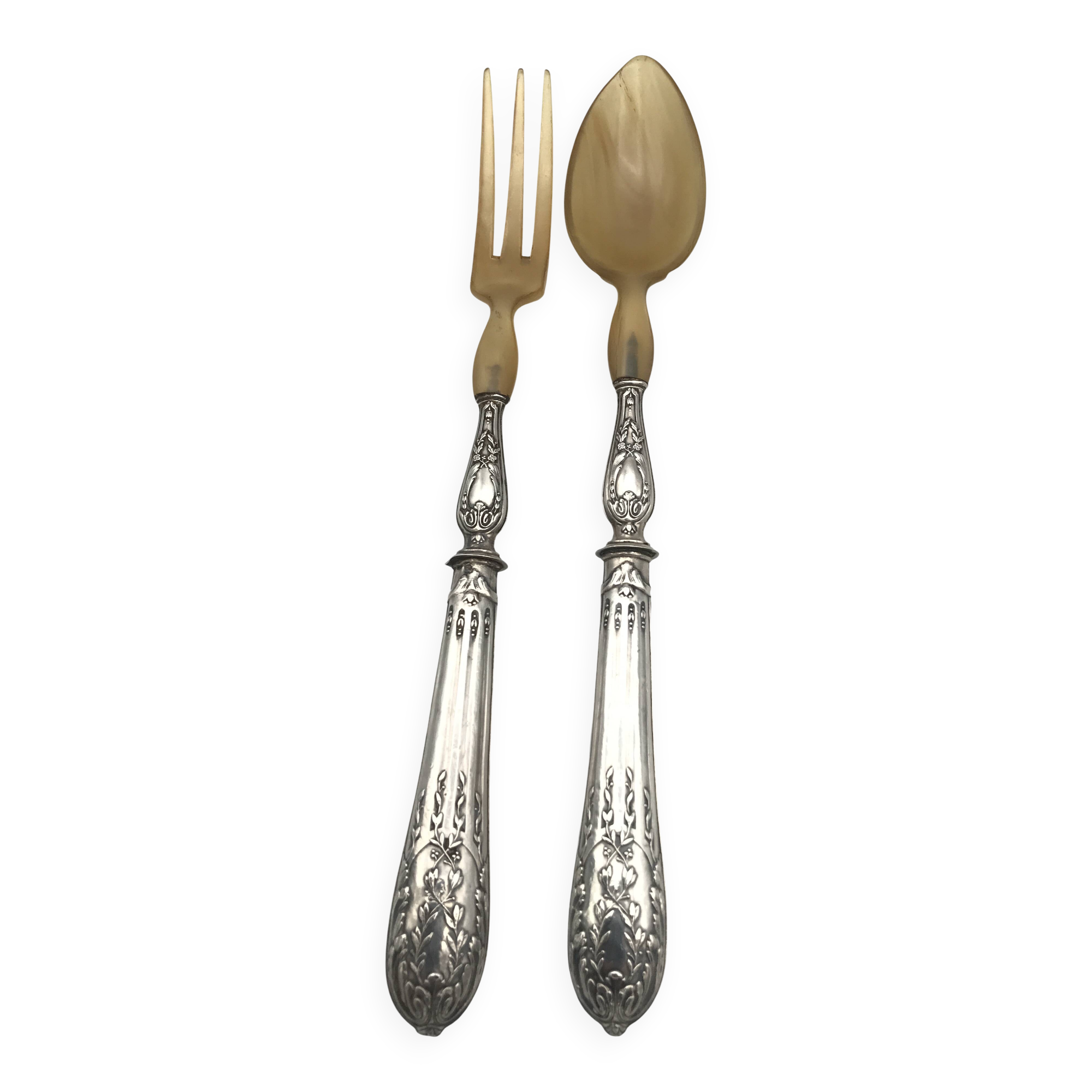 Serving cutlery, salad cutlery, in filled silver, minerva hallmarks