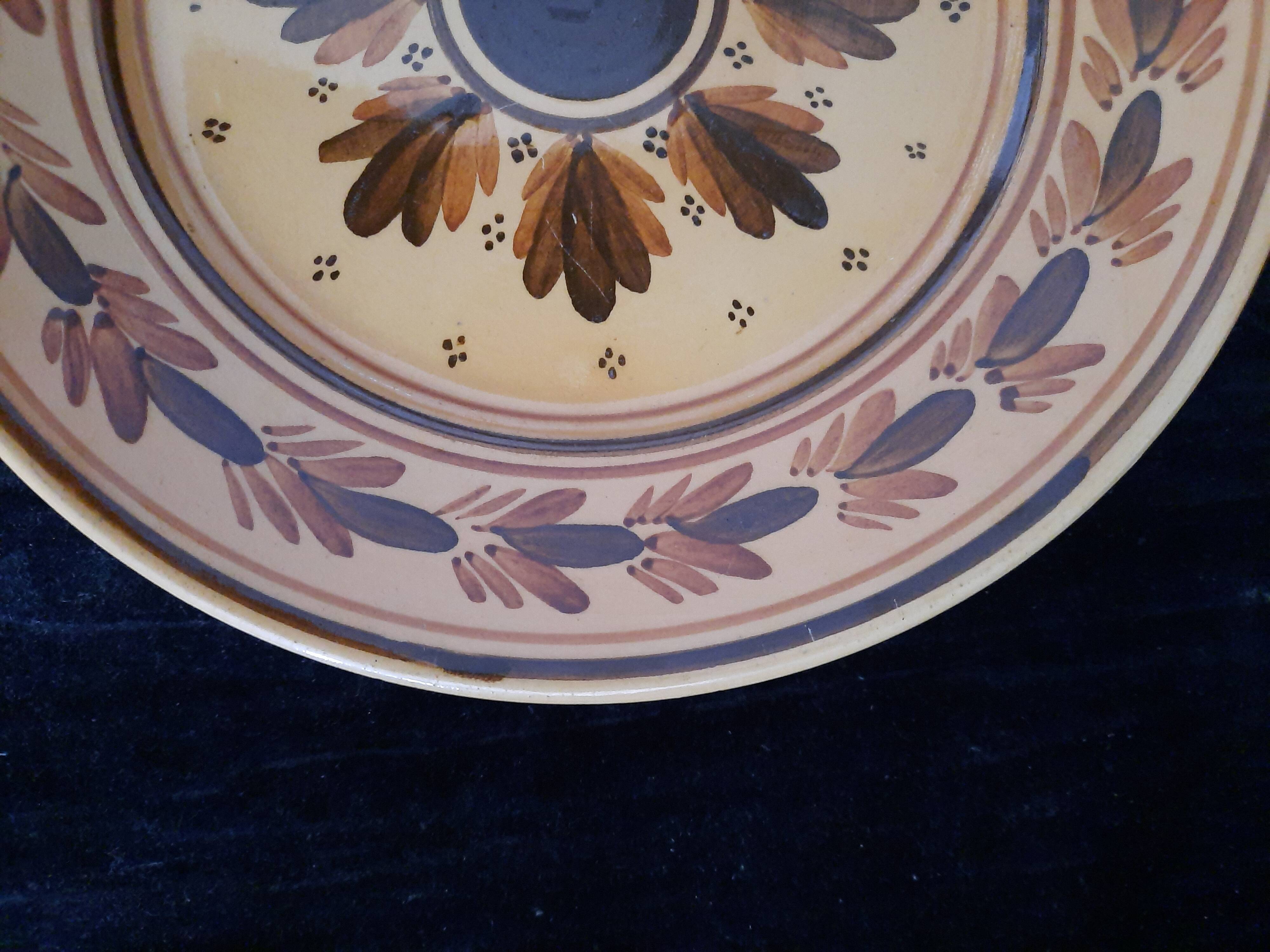 Old HB Quimper Plate Ceramic Geometric Floral Design Brown Yellow