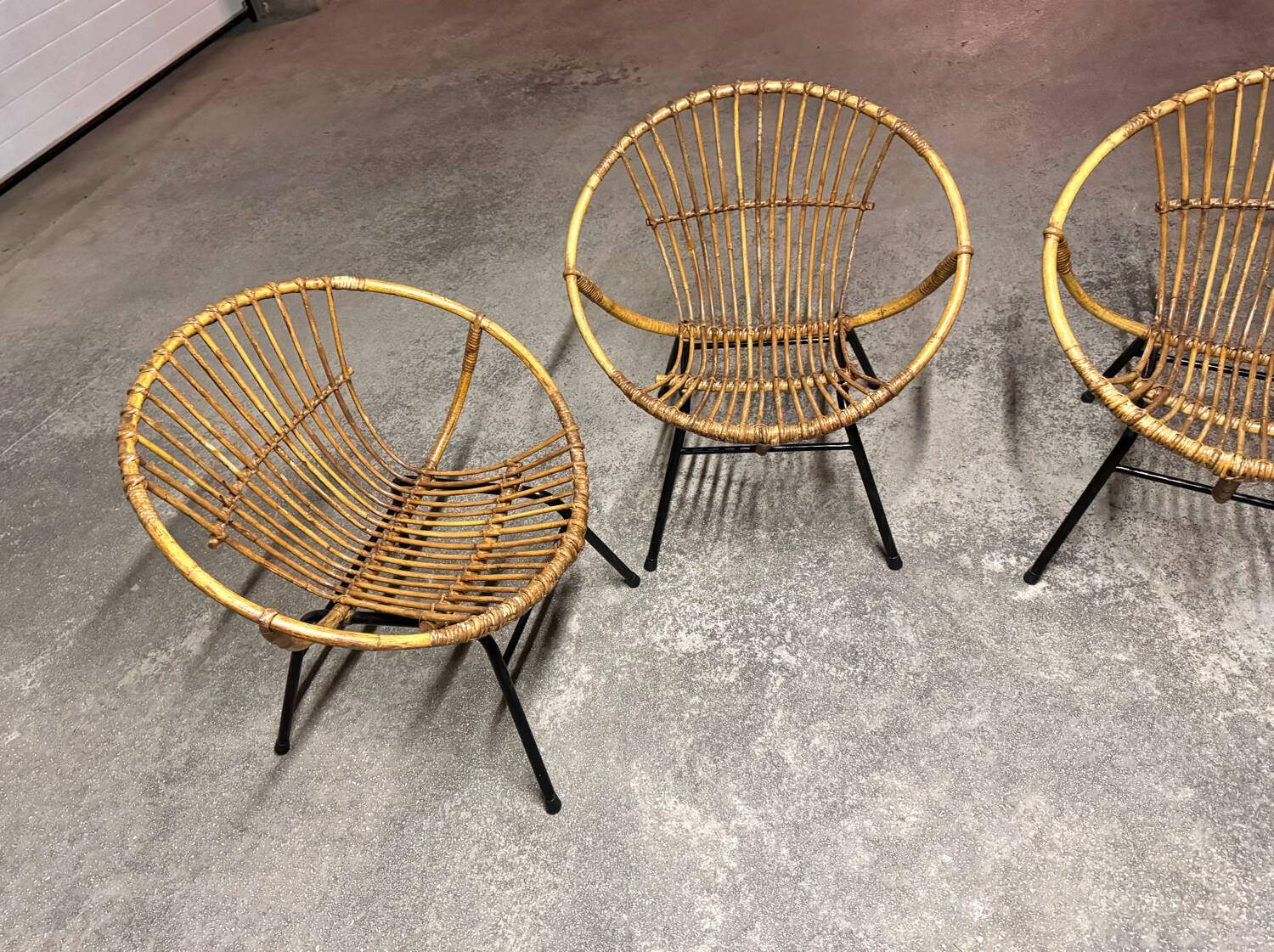 Set of 4 vintage 1950s/60s wicker rattan adult basket armchairs