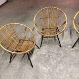 Set of 4 vintage 1950s/60s wicker rattan adult basket armchairs