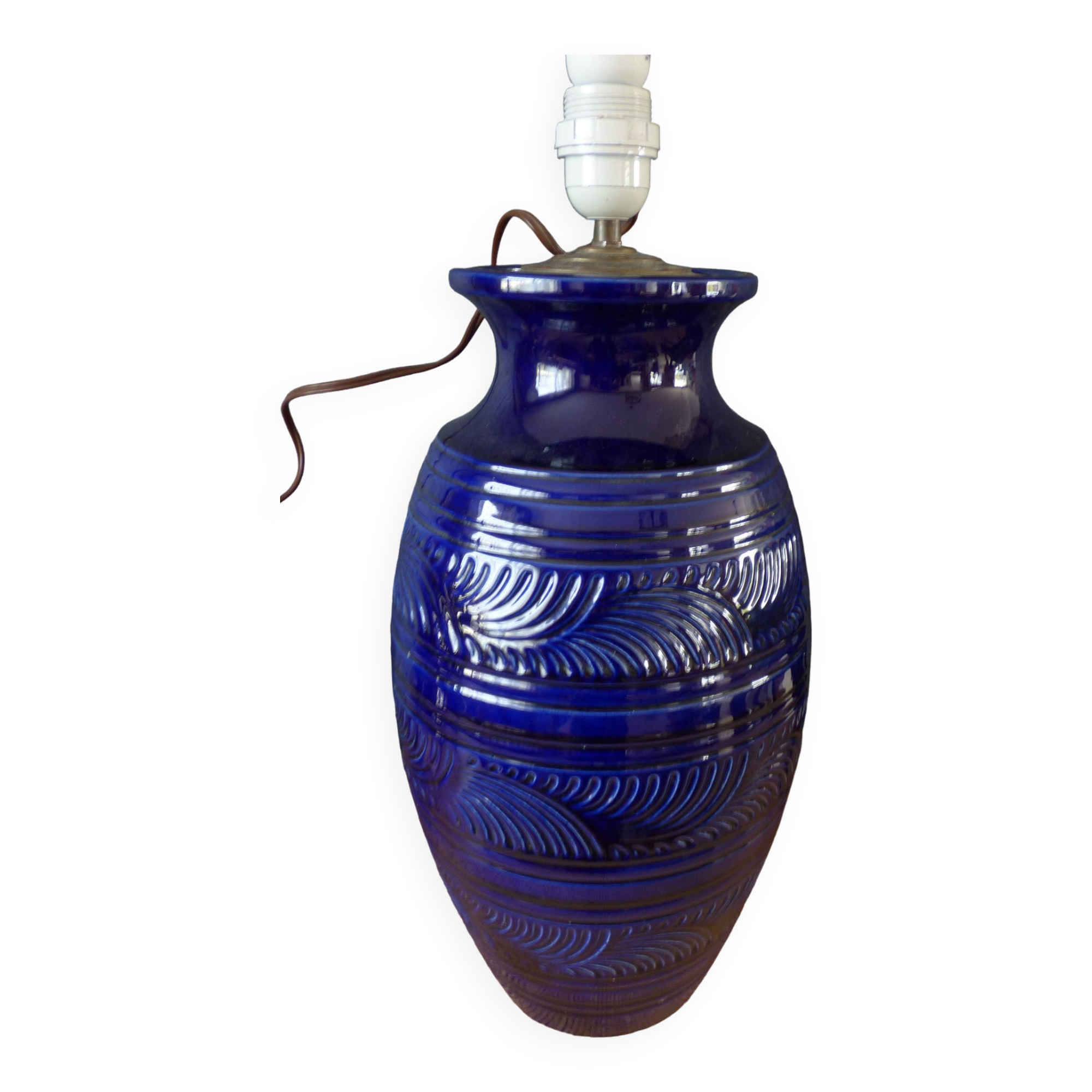 Large blue earthenware lamp base signed ST Clément France Plume 815-2 – Excellent condition