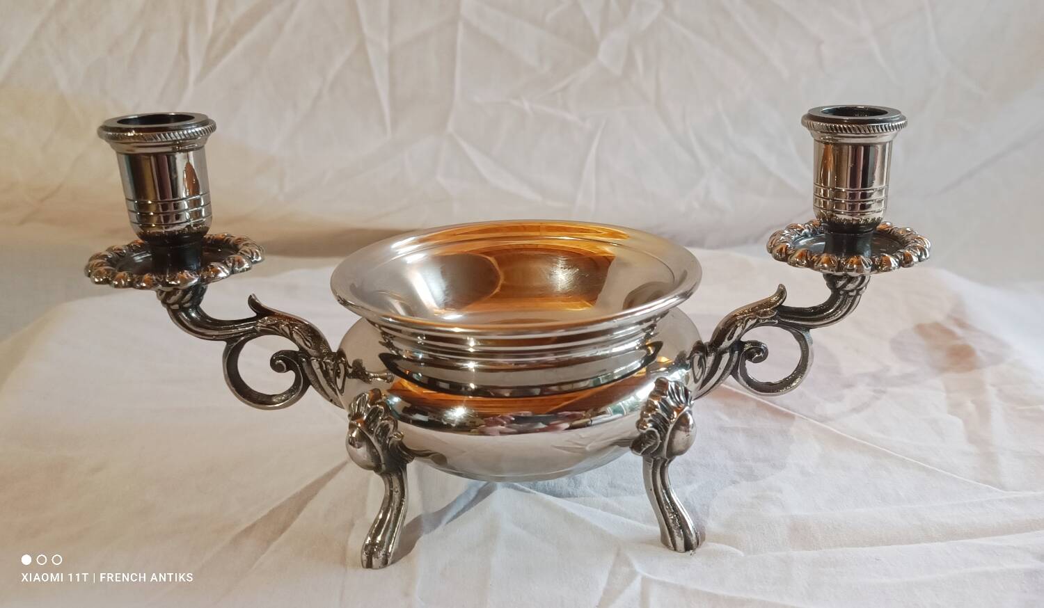 Silver-plated candlestick burns scented oil, Art Nouveau style, late 19th century.