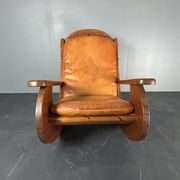 Brutalist pine rocking lounge chair with leather seat by Wasa 1984