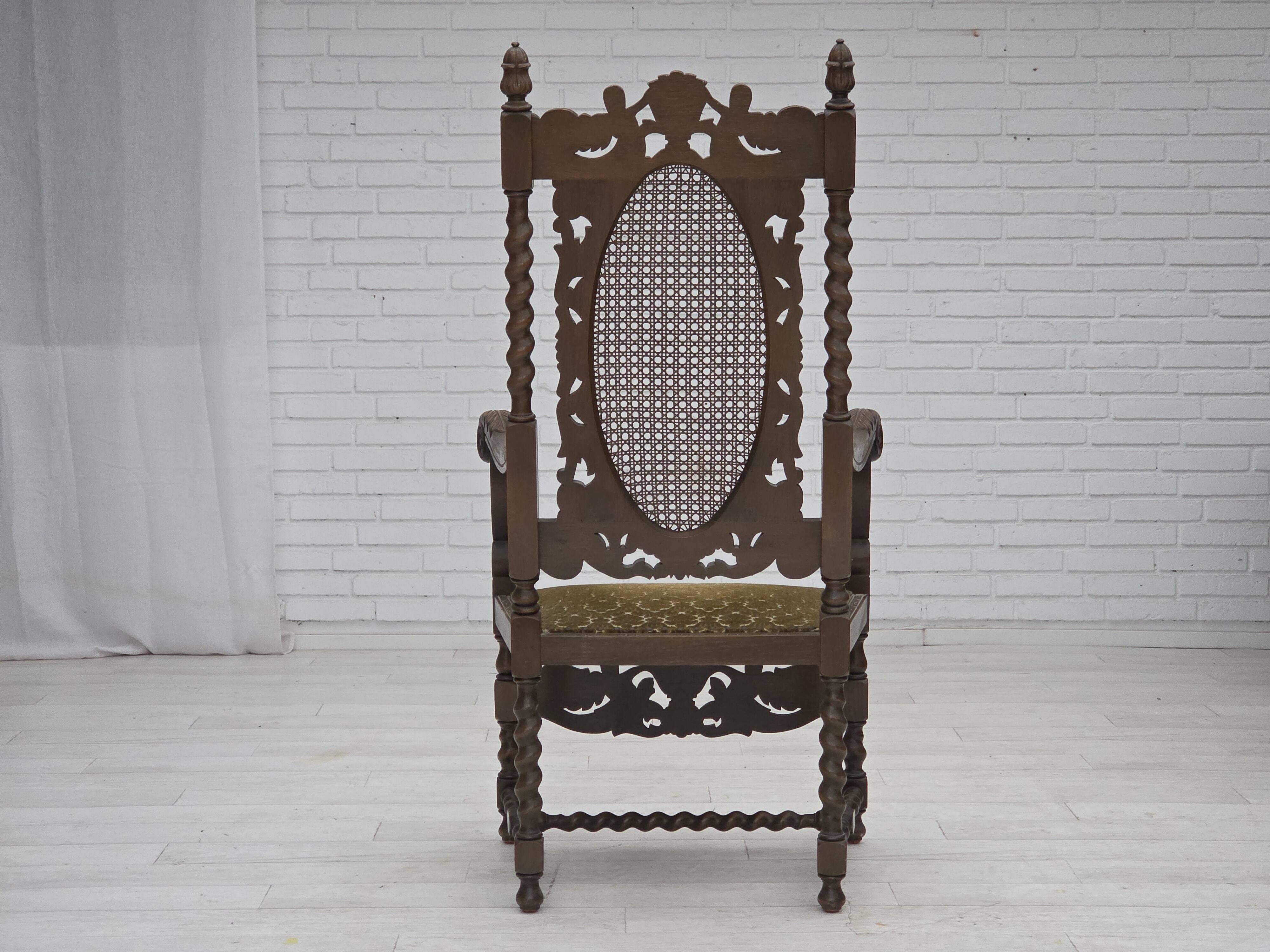 1930s, Danish highback armchair, furniture mesh, velour, carved oak wood.