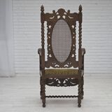 1930s, Danish highback armchair, furniture mesh, velour, carved oak wood.