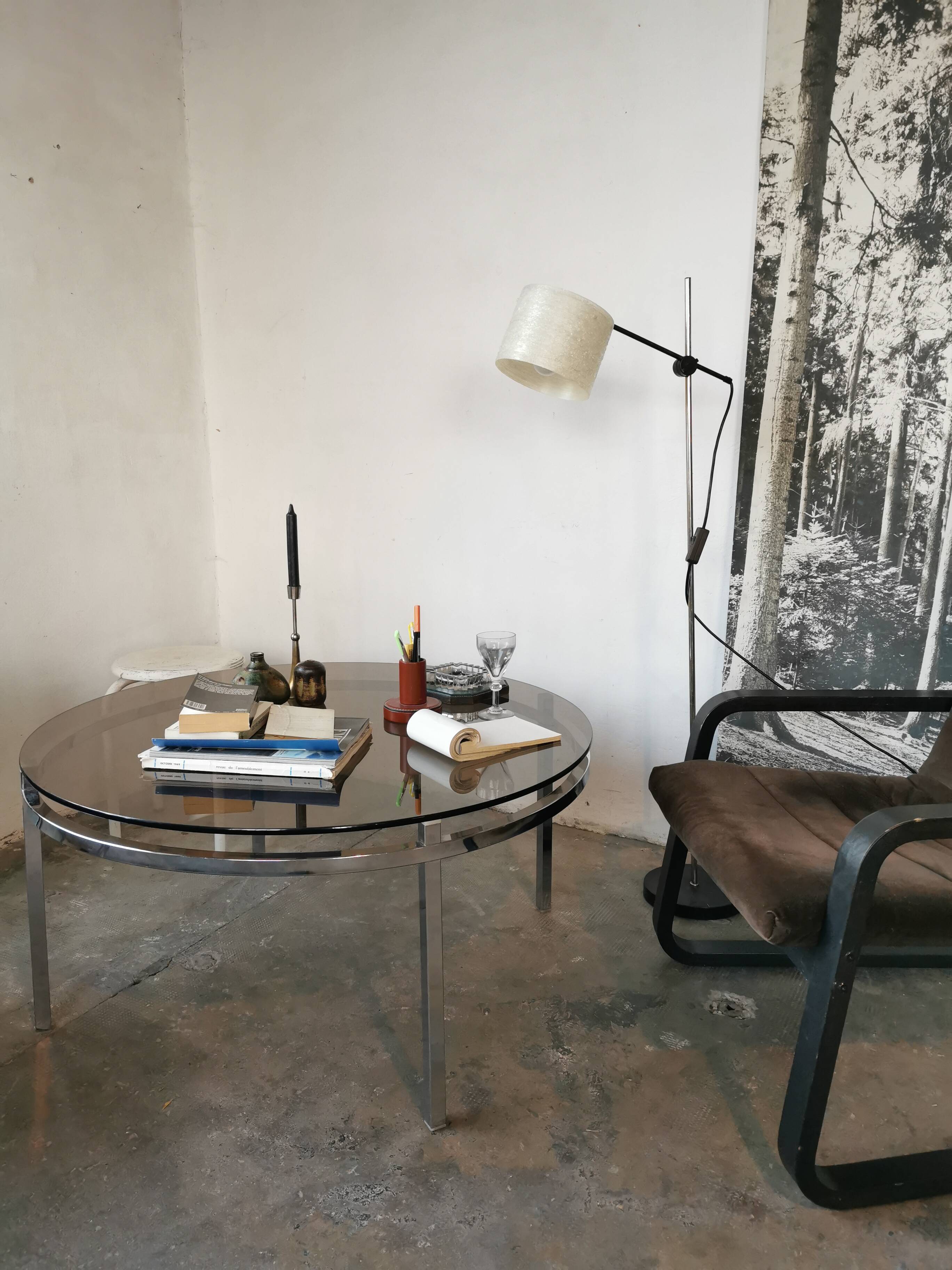 Round coffee table, chrome and smoked glass