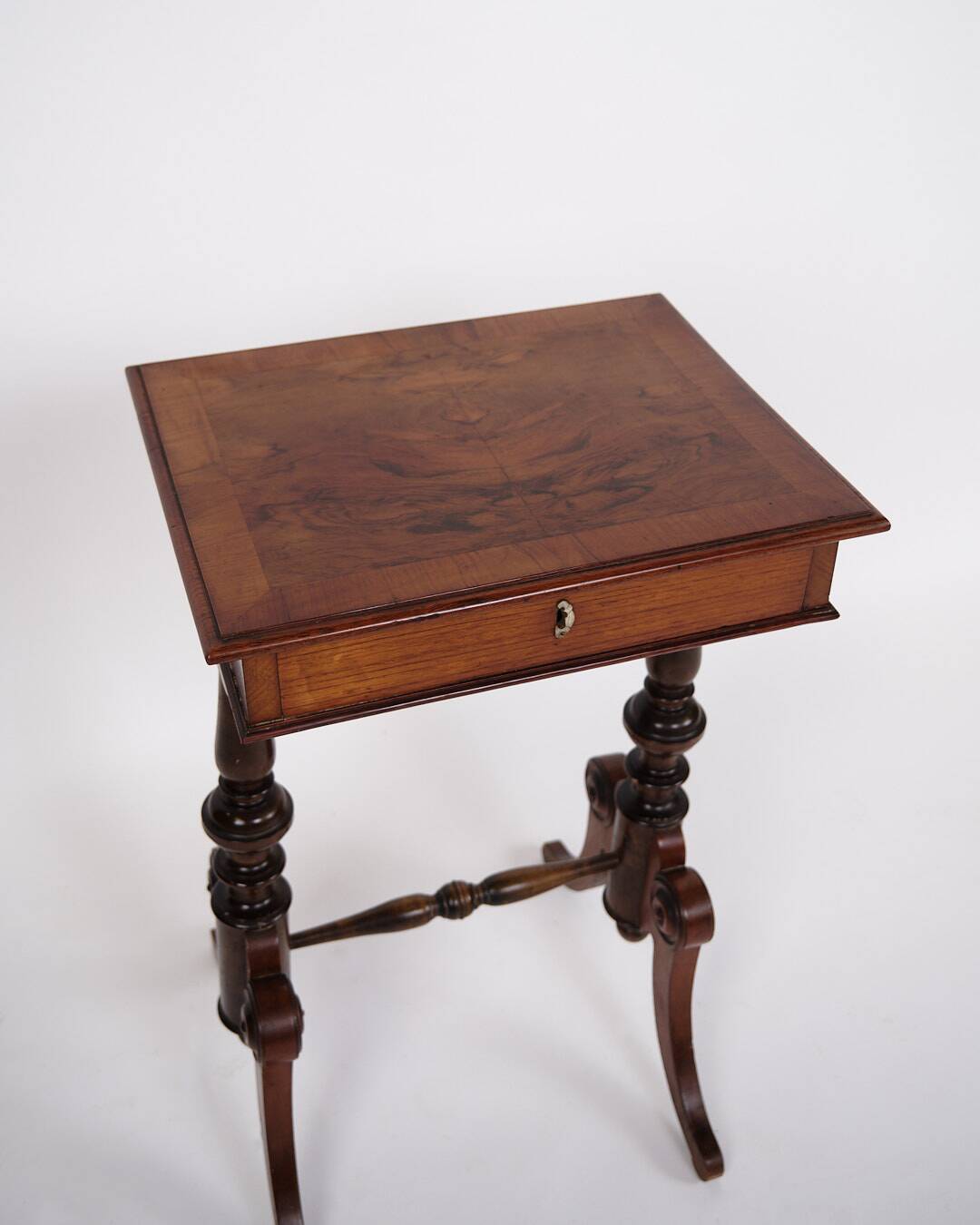 Antique side table with drawer - hand polished mahogany - turned legs - year 1880s