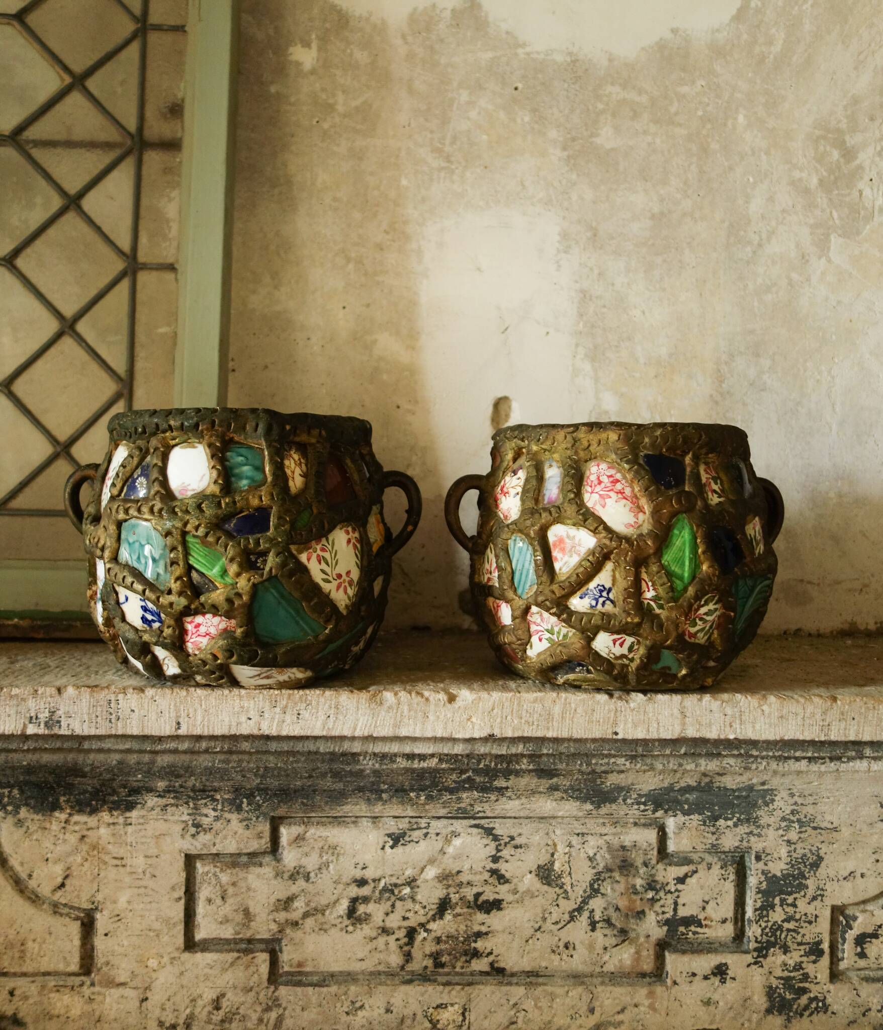 French Folk Art Mosaic Plant Pots and Plate Holders