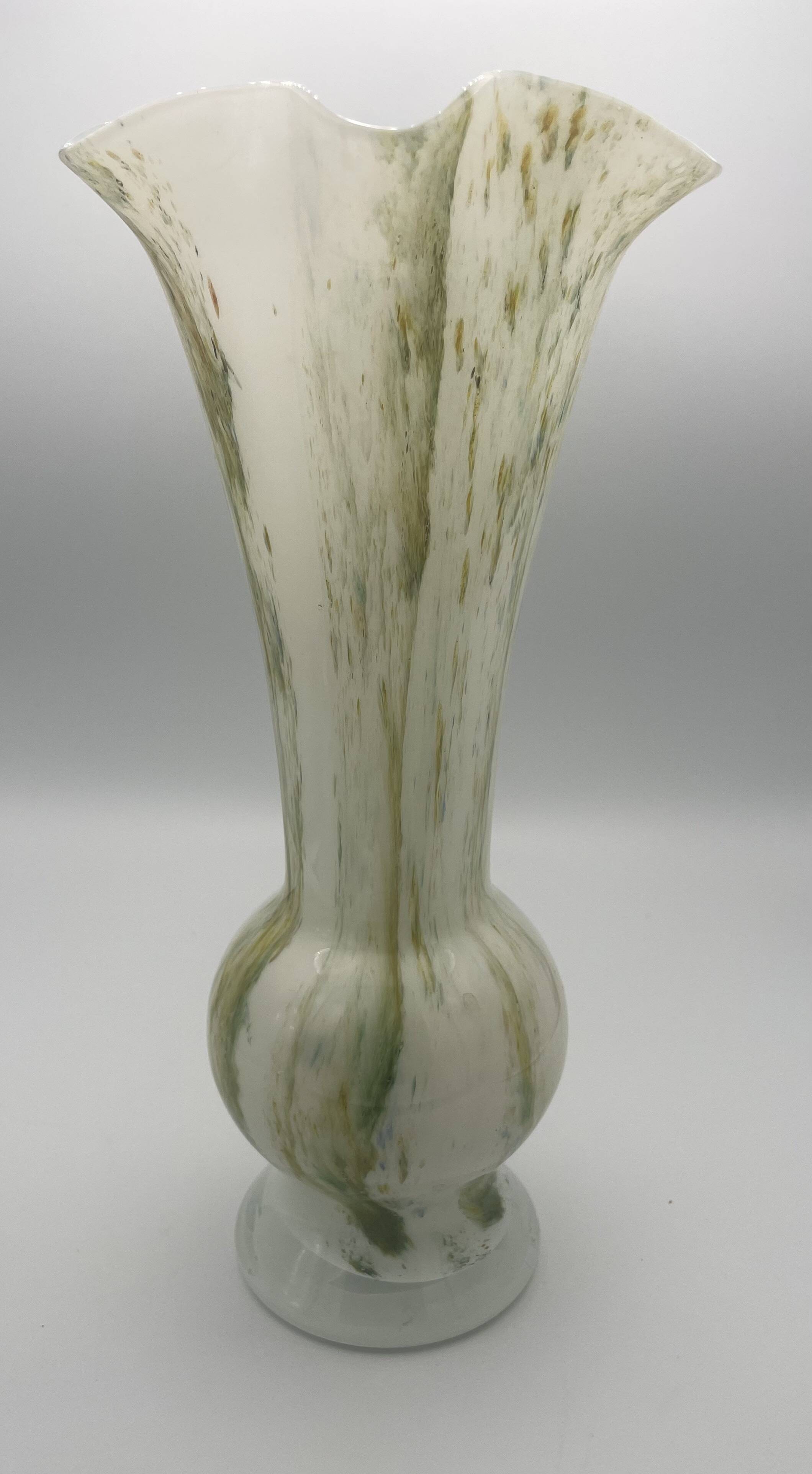 Vase in white opaline blown glass and green, yellow, blue polychrome shades