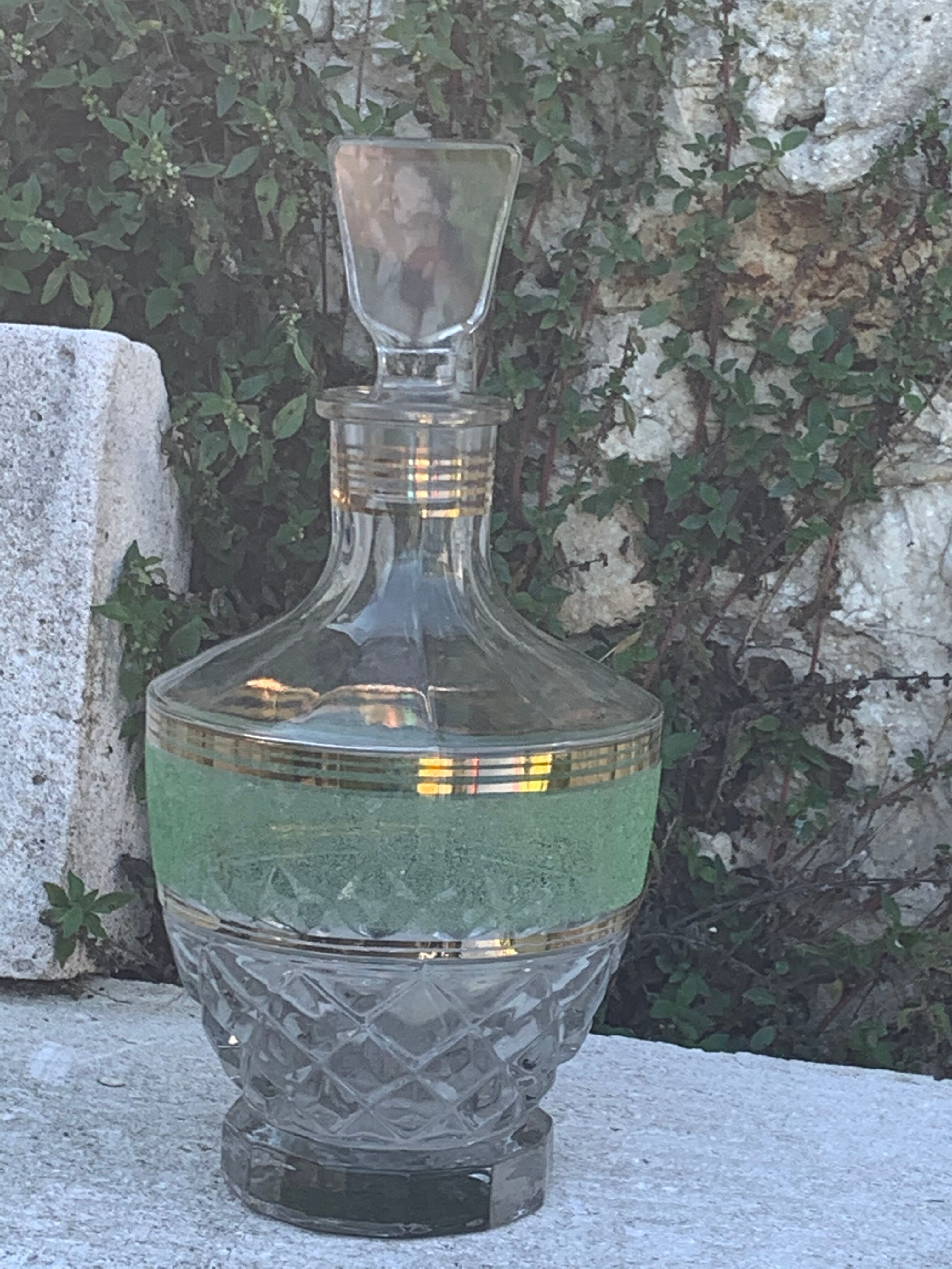 Green glass granite carafe and vintage gold edges 1950