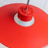 Red metal and glass Danish ceiling light, mid-century Memphis-inspired pendant with opal globe