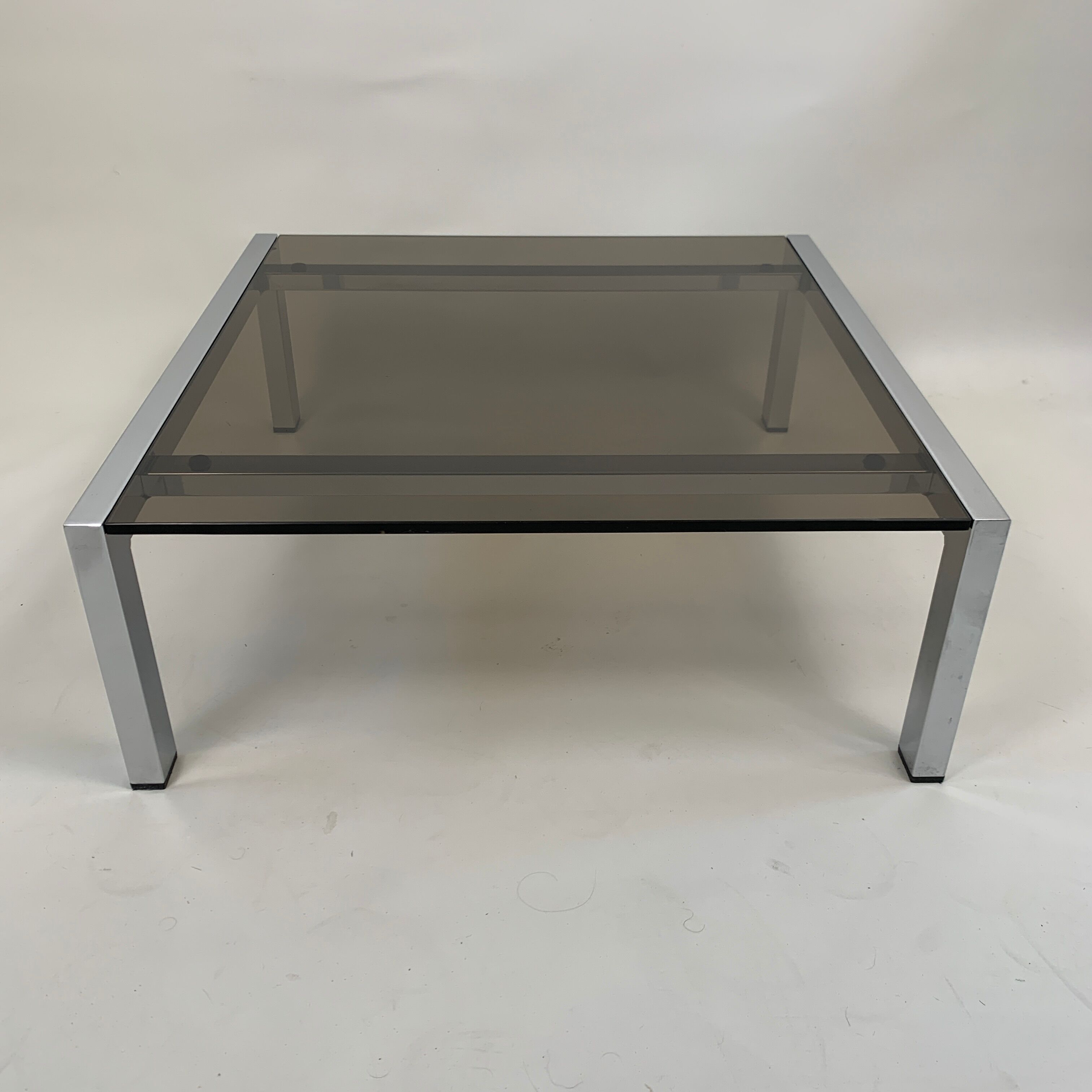 Vintage square coffee table chrome structure and smoked glass top