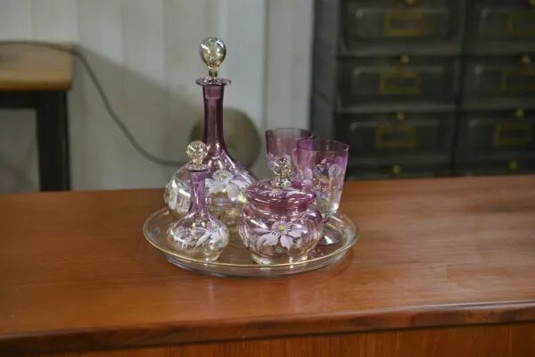 Set of pink blown glass carafes and glasses, 1950s